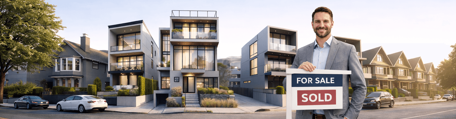 Realtor in front of modern multiplex homes with a sold sign